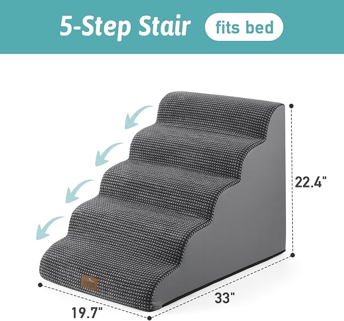 COZY KISS Extra Wide Dog Stairs 19.7" Width, Large Pet Step for Small Medium Dog, Puppy or Cat, Ramp for High Bed or Car, High Density Foam Ladder, Stable, 5 Step, 19.7x33x22.4 in, Charcoal Grey