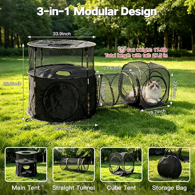 CypherX 3 in1 Catio Outdoor Cat Enclosure, 2-Tier Cat Tents with Tunnels for Indoor Cats/Pop Up Cube, Pet Tower Playpen with Tunnels and Tents, Portable Pet Playhouse for Outside, Patio (Camo)