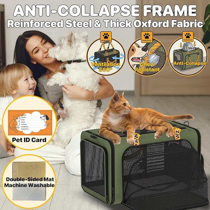 PAWZIDEA Expandable Pet Carrier with Wheels, 18"x11"x11" TSA Airline Approved Cat Carrier for 2 Cats Under Seat, Collapsible Soft-Sided Small Dog Rolling Travel Bag with Telescopic Handle, Up to 18lbs
