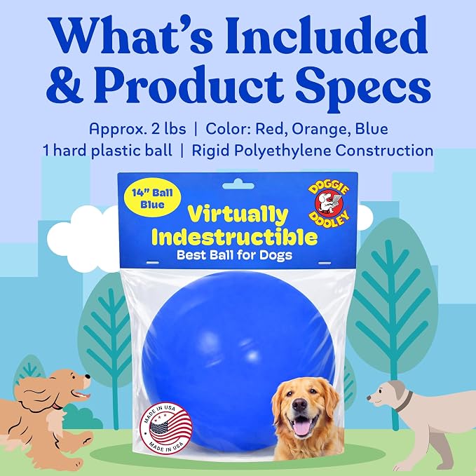 Doggie Dooley Virtually Indestructible Dog Ball - 14 Inch Hard Plastic Interactive Dog Toy for Large Breeds Over 75+ lbs - Built for Herding & Push Play - Floats in Water, Made in USA -Colors May Vary