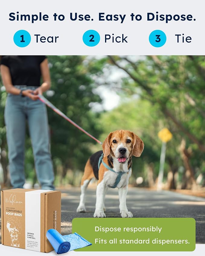 Wooflinen Home Compostable Dog Poop Bags – Leak-Proof Dog Poop Bags Rolls – Large 9x13”, Durable, Easy Tear – Made from Plant & PBAT Materials – For Big & Small Dogs – 240 Bags (16 Rolls)
