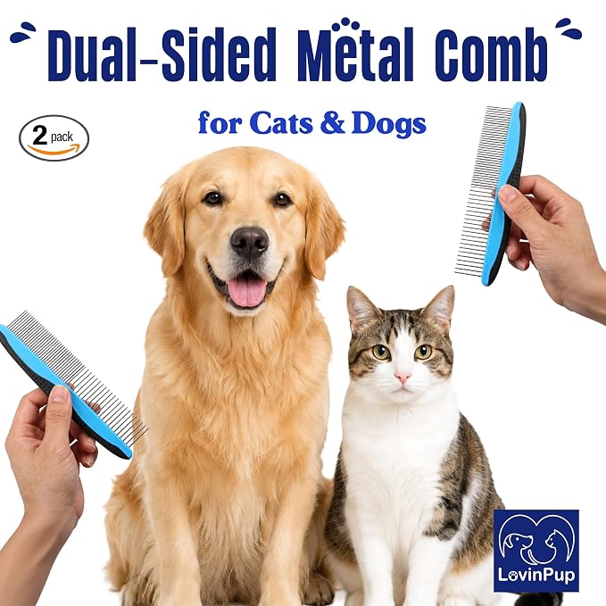 Pet Metal Comb for Dogs and Cats (2-Pack) - Stainless Steel Rounded Teeth for Painless Detangling - Dual-Spacing for Small & Large Pets with Comfort Grip Handle - Professional Grooming Tools