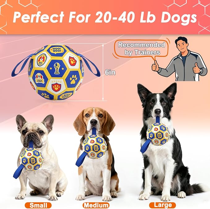 Vivifying Dog Toys Balls, 6 Inch Durable PU World Cup Soccer Ball for Indoor and Outdoor Tug-of-War, Mental Stimulation & Anxiety Relief