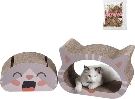 CSR1000A Opal 19" Modern Cardboard Happy Cat Head 2-in-1 Cat Cave Scratcher with Built-in Bell Toys and Catnip, Muted Pink/Cream