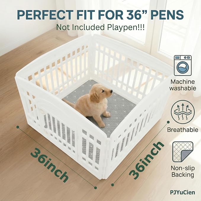 PJYuCien Non-Slip 36"x36" Pet Playpen Mat with 3-Layer Comfort, Reusable and Washable Training Crate Pad, Travel Mat and Sofa Protector for Puppies, Dogs, Cats, Rabbits, and Small Animals, Gray