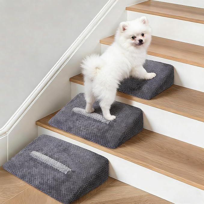 3 Pack Dog Ramp for Stairs with Contrast Color Anti-Slip Strip – Stair Wedges for Small & Senior Dogs and Cats, Gentle Slope Pet Steps with Washable Cover & Self-Sticky Pads