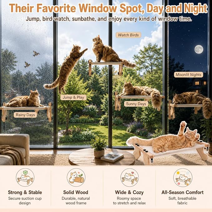 Wide Stable 40 lb Tested Cat Window Perch for Large Cats, 20.1 x 25.2 in Overall Frame, Solid Wood Cat Window Seat with Suction Cups & Steel Hooks, No-Drill for Windows & Sofas