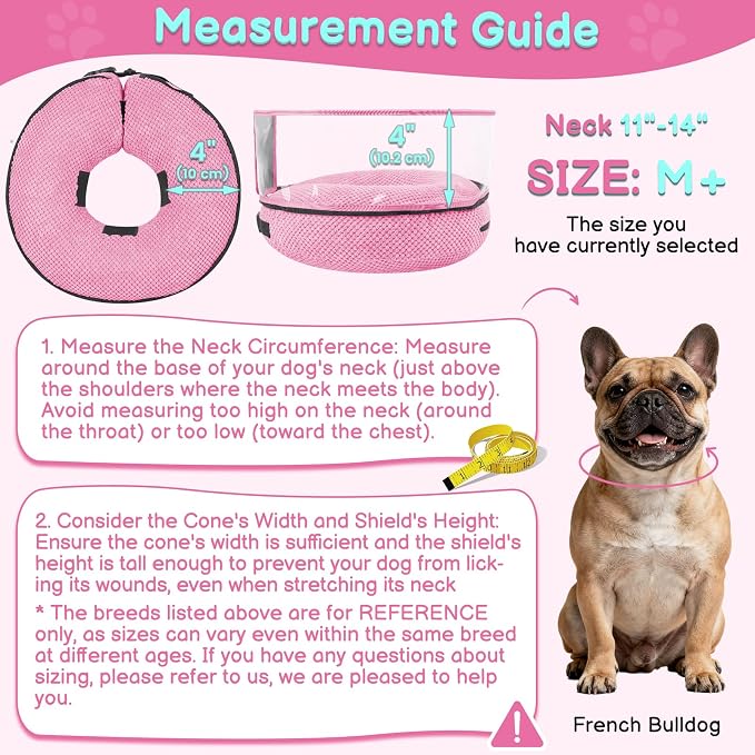 Soft Inflatable Dog Cone for Surgery Recovery, Protective Dog Donut Collar with Shield to Stop Licking Wounds, 2-in-1 Patented Comfort Blow-Up Collar for Small and Medium Pets (Pink, M+)