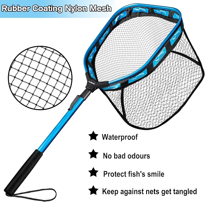 PLUSINNO Floating Fishing Net for Steelhead, Salmon, Fly, Kayak, Catfish, Bass, Trout Fishing, Rubber Coated Foldable Landing Net with Fixed or Telescoping Pole Handle, Fishing Gear and Gifts for Men