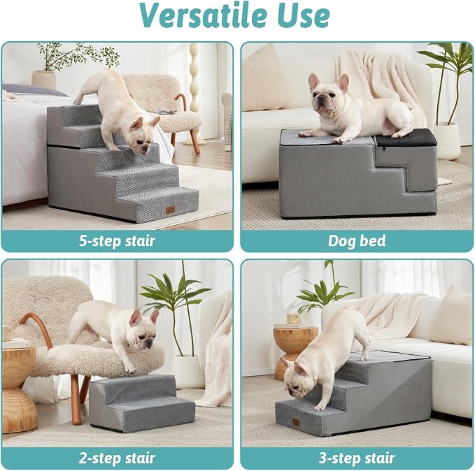COZY KISS Dog Stairs for Small Dogs, 17.7" Extra Wide Detachable Pet Stairs for Couch and Bed, 23.6" H Non-Slip Dog Steps for Puppies and Old Cats, 17.7x29.5x23.6 inch, Grey