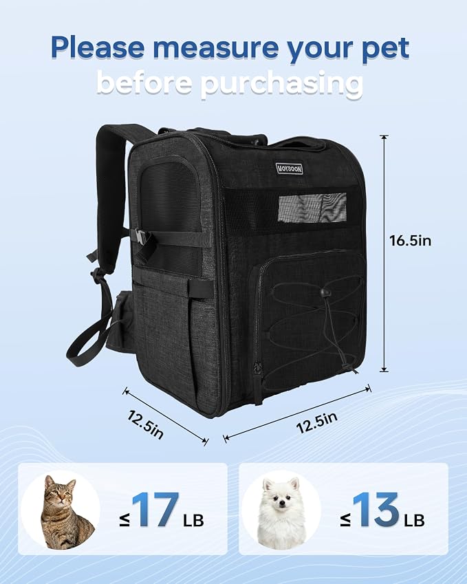 Hiking Dog Carrier Backpack, Adjustable Waist Cushioning Belt with Breathable Padded Back Support, Dog Carrier for Hiking with 5 Pockets, Dog Carrier Backpack for Small Dogs Max 13LB Black