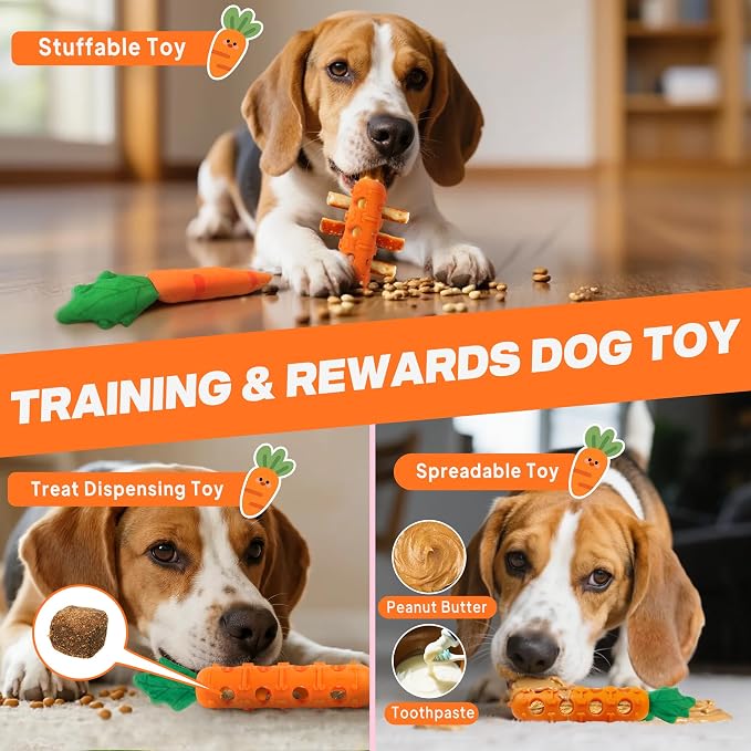 Fida 2-in-1 Puppy Teething Toys, Natural Rubber Chew Toys for Dogs to Keep Them Busy & Plush Toys with Crinkle Leaves, Interactive Dog Toys for Small Medium Breeds and Puppies.(Carrot)