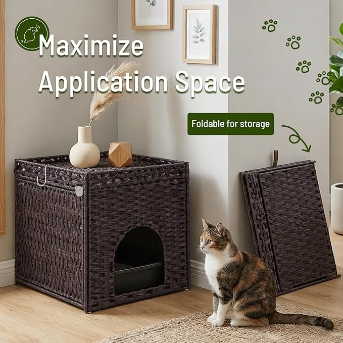 Neti Neti Cat Litter Box Enclosure Furniture, A Calm Enclosed Space Chosen by Cats, Handwoven Rattan Hidden Cabinet with 2 Removable Mats, Large Foldable Design for Indoor Use, Small, Brown