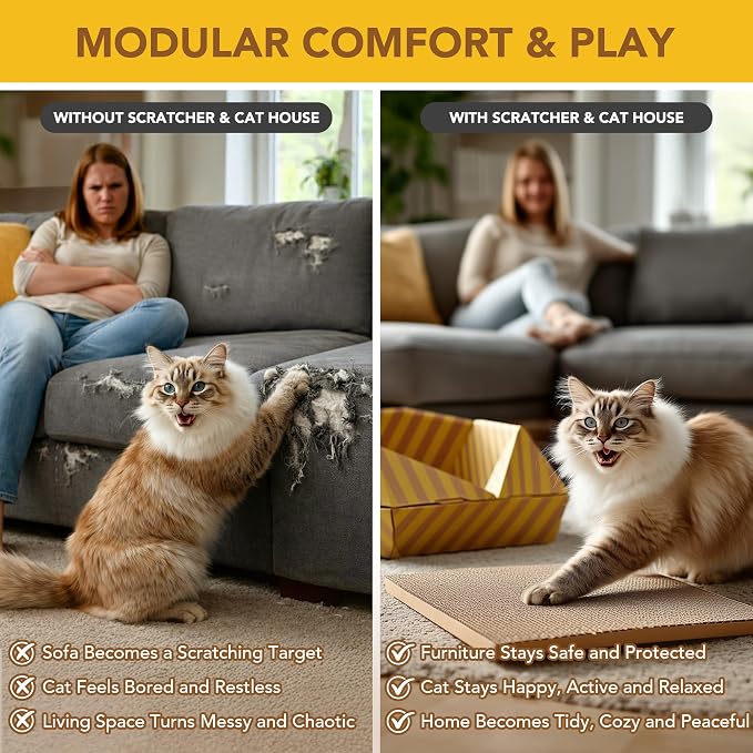PETNOVO Foldable Cardboard Cat House Bed for Indoor Cats, Collapsible Cat Hideaway with Corrugated Scratcher Insert, Low Entry, Paper Build, 18.5 x 18.5 x 11.8 in, Yellow