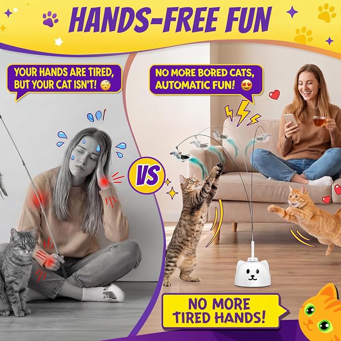 Interactive Cat Toys for Indoor Cats, Automatic Flying Bird Cat Toy with 360° Feather Wand, Strong 8cm Suction Cup, USB Rechargeable Self-Play Cat Toy for Bored Kittens & Adult Cats