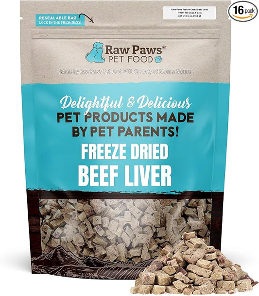 Raw Paws Pet Premium Freeze Dried Beef Liver Treats for Dogs & Cats, All-Natural and Healthy Snack, 16 oz.