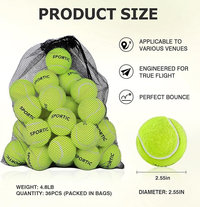 SPORTIC Tennis Balls, Duty Felt Pressurized Tennis Ball with Mesh Bag for 12PC or 36PC -High Bounce Training Exercise Tennis Balls for Beginners & Pet Dog Playing Balls, 3/4/12/36 PCS