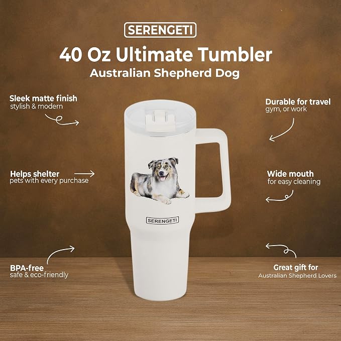 40 Oz Australian Shepherd Dog Tumbler with Handle, Straw & Lid - Vacuum Insulated Stainless Steel Travel Mug for Pet Lovers