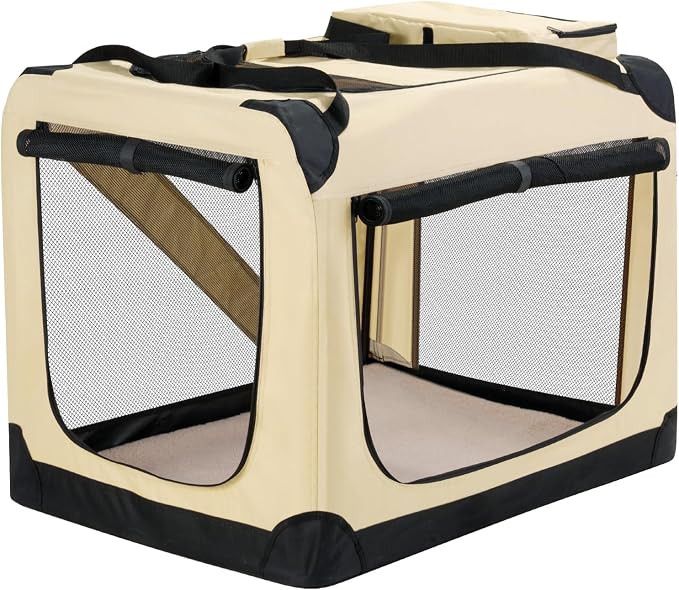 HICC PULE Collapsible Portable Kennel, 36 Inch Large/Medium Dog Kennel, 3-Door Soft-Sided Pet Crate for Indoor/Outdoor, Car Trip, Beige