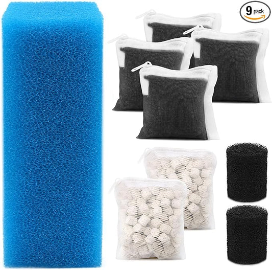 Aquarium Media Maintenance Kit Replacement for Fluval AC110 Power Filter, Includes 1 Blue Foam Filters, 2 Intake Strainer Sponge,2Pack Ceramic Rings and 4 Pack Activated Carbon