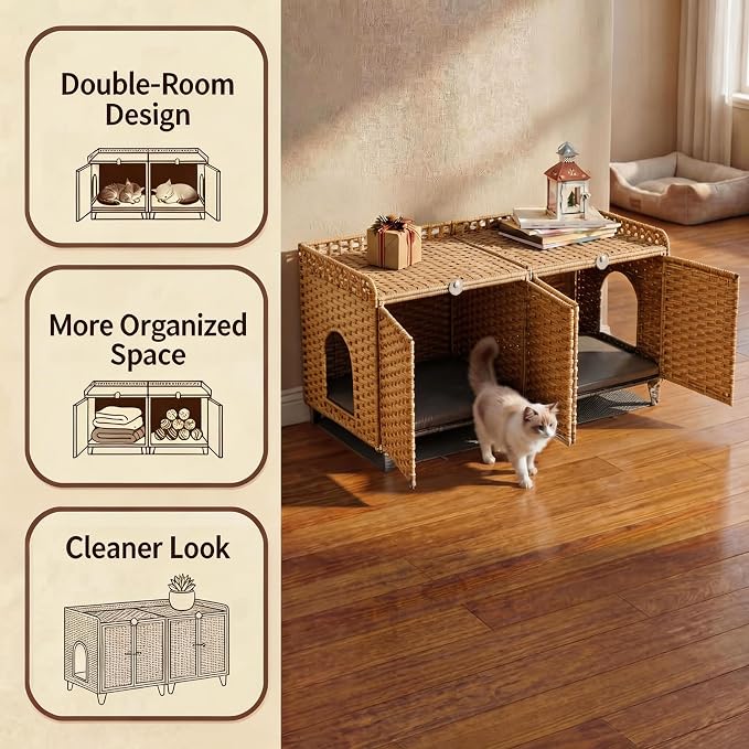 Cat Litter Box Enclosure Furniture, Handwoven Rattan Cat Houses, Hidden Cat Washroom Furniture with Door/Mat, Large Space Cat Houses with S-Shaped Hooks, Living Room, Bedroom, Natural