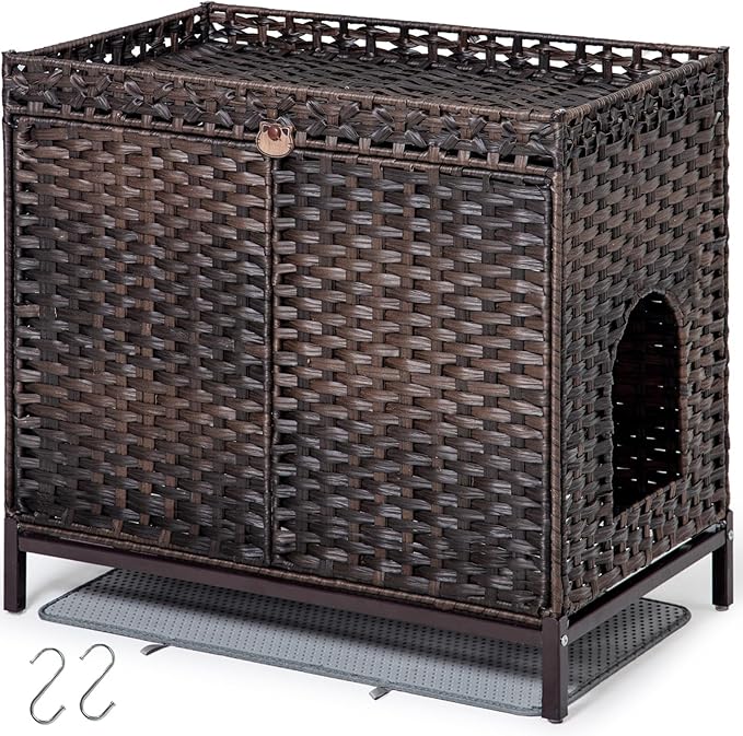 SETVSON Cat Litter Box Enclosure Furniture, Hidden Handwoven Rattan Litter Box with Mat, Large Cat House with Metal Heightened Feet, 30.3 x 18.3 x 28 Inches, Indoor for Living Room, Bedroom Brown