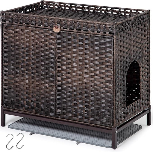 SETVSON Cat Litter Box Enclosure Furniture, Hidden Handwoven Rattan Litter Box with Mat, Large Cat House with Metal Heightened Feet, 30.3 x 18.3 x 28 Inches, Indoor for Living Room, Bedroom Brown