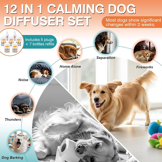 Dog Calming Pheromones Diffuser to Calm Pet 12 in 1 Advanced Kit Appeasing Pheromone for Anxiety Relief (5 Plug in+7 Pack 48ml Refill) Reduce Aggression Fighting Barking Stress (Tasteless)