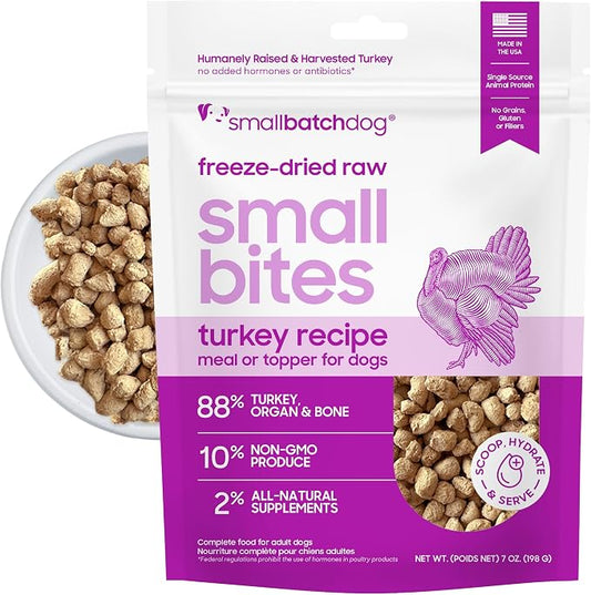 smallbatch Pets Freeze-Dried Raw Dog Food – Turkey Recipe – 7oz Small Bites – High Protein, Grain Free – Complete Meal or Topper – Made in USA with Organic Superfoods (7 Oz, Turkey)