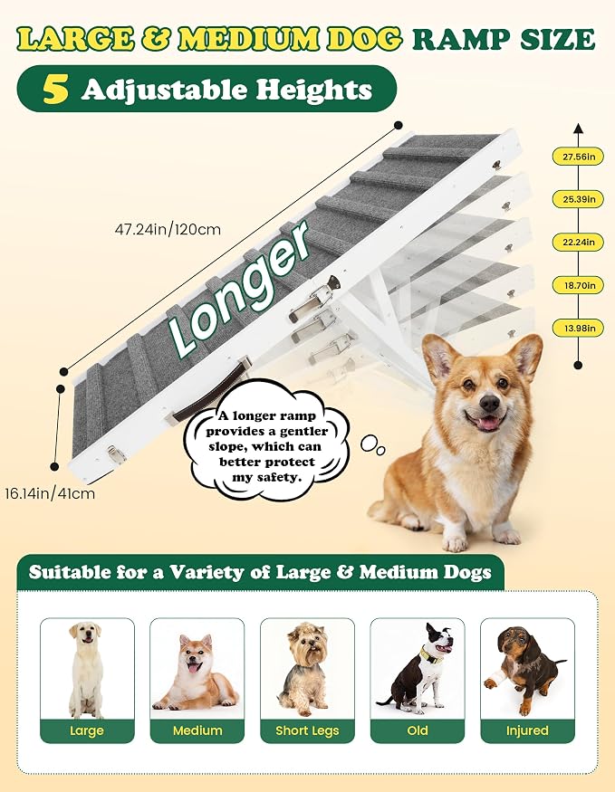 Dog Ramp Dog Stairs for Large Dogs Foldable Dog Ramp with 5 Adjustable Heights from 13.98'' to 27.56" Wood Pet Ramp with Non Slip Carpet Portable Puppy Ramp for Couch, Sofa, Bed, Car (White)