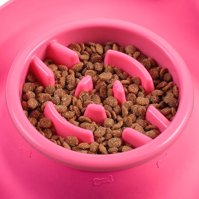 100% Waterproof BPA Free Pet Dog Bowls2 Stainless Steel（53oz+27oz） with 1.35“ Raised Edge Silicone Mat + Slow Feed Dog Water and Food Bowls for Feeding Large Dogs Cats Puppies (Pink)