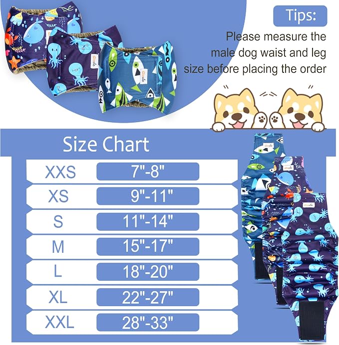 Reusable Dog Diapers Male 3Pcs, Premium Washable Belly Bands for Male Dog XLarge, High Absorbing Male Dog Wraps for Doggie Puppy in Incontinence, Excitable Urination and Training(Seafloor,XL)