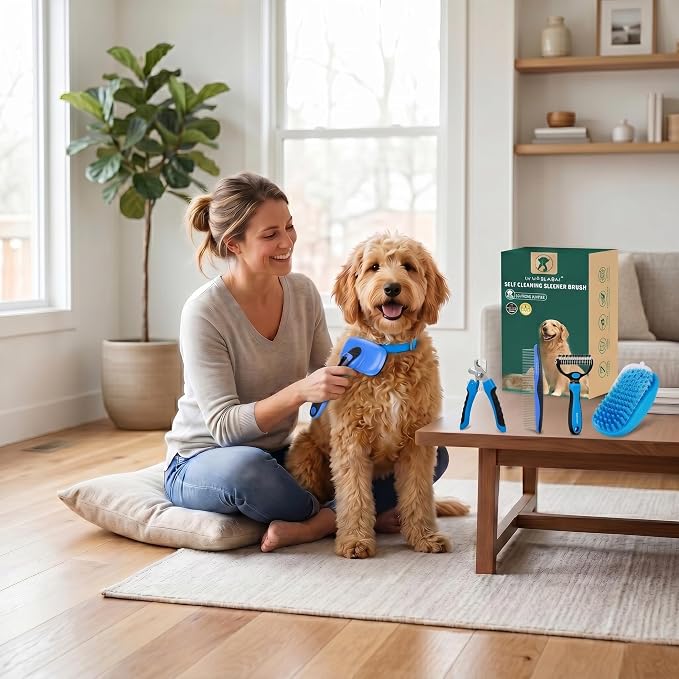 Self Cleaning Slicker Brush for Dog - 5 PCS Dog Brush Grooming Kit,Undercoat Rake Brush Comb for Small Large Dogs Cats, Dog Hair Brush Set, Grooming Deshedding at Home or Travel, Blue