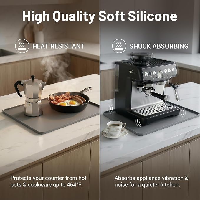 Silicone Coffee Mat for Countertop, 24x16 inch - Heat Resistant Espresso Machine Mat with Raised Edge, Non-Slip Waterproof Station Pad, Compact Coffee Bar & Kitchen Accessories - Grey