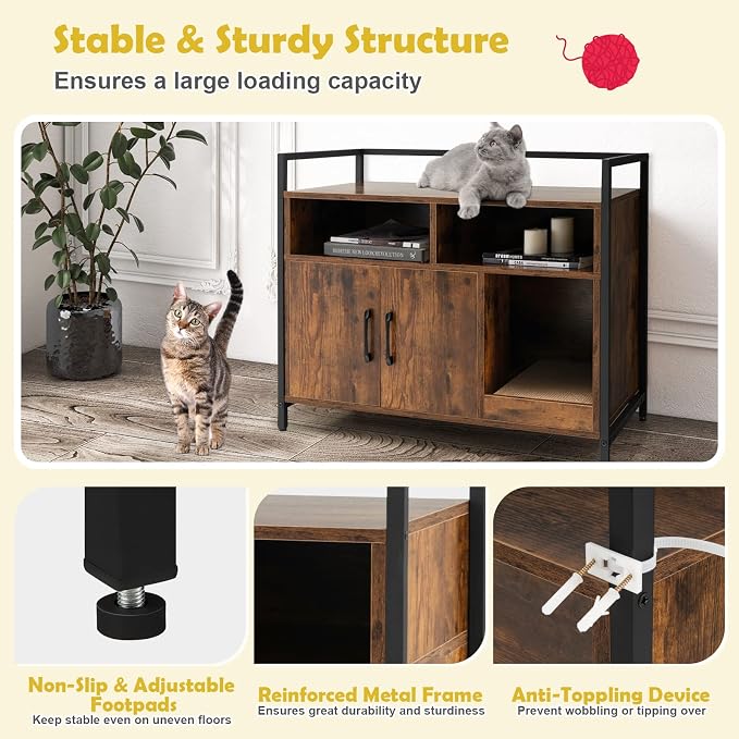 Tangkula Litter Box Enclosure, Cat Litter Box Furniture Hidden w/Metal Frame, Scratching Board, Storage Compartment, Wooden Cat Washroom, Indoor Cat House Side Table, Cat Box Cabinet (Rustic Brown)