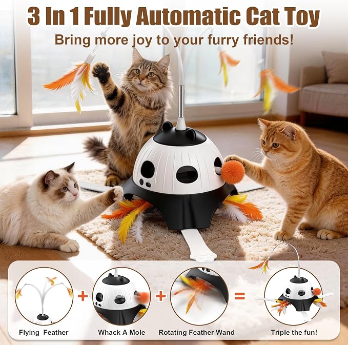 Casfuy 3-in-1 Interactive Cat Toy with Plush Tail, Whack-a-Mole & Rotating Feather Wand