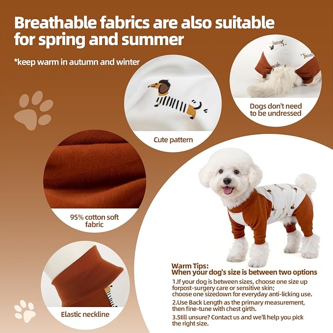 Dog Recovery Suit After Spay-Prevents Lick & Shed (Brown,S) | Soft, Breathable cotton onesie protects abdominal surgical areas by preventing licking,scratching,and shedding
