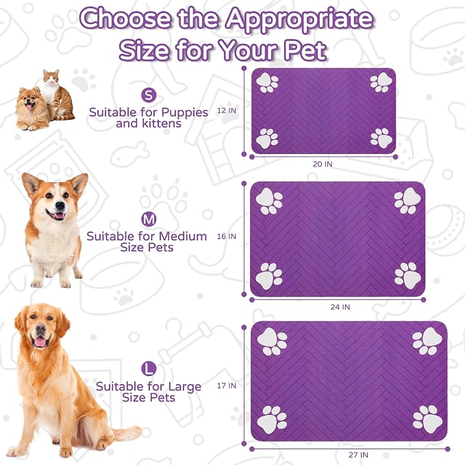 Pet Feeding Mat-Absorbent Dog Feeding Mat for Food and Water Bowl,No Stains Pet Placemat,Quick Drying Water Dispenser Mat for Dog and Cat,Easy to Clean Dog Accessories(L,Purple)