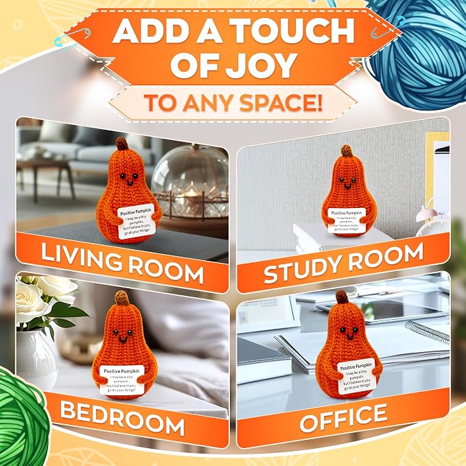 Reluen Positive Affirmation Pumpkin Crochet Dolls - Valentines Day Gifts Knitted Toys Home Office Decor Mini Dolls for Women - Positive Affirmation Gifts Desk Decorations Crochet Gifts, Orange
