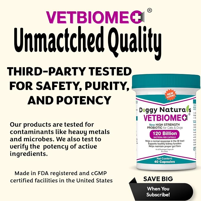 Vetbiome +® Plus High Strength Probiotics for Pets (40 Capsules) - 120 Billion CFU, 9 - Strain Formula – Third Party Tested - Made in U.S.A