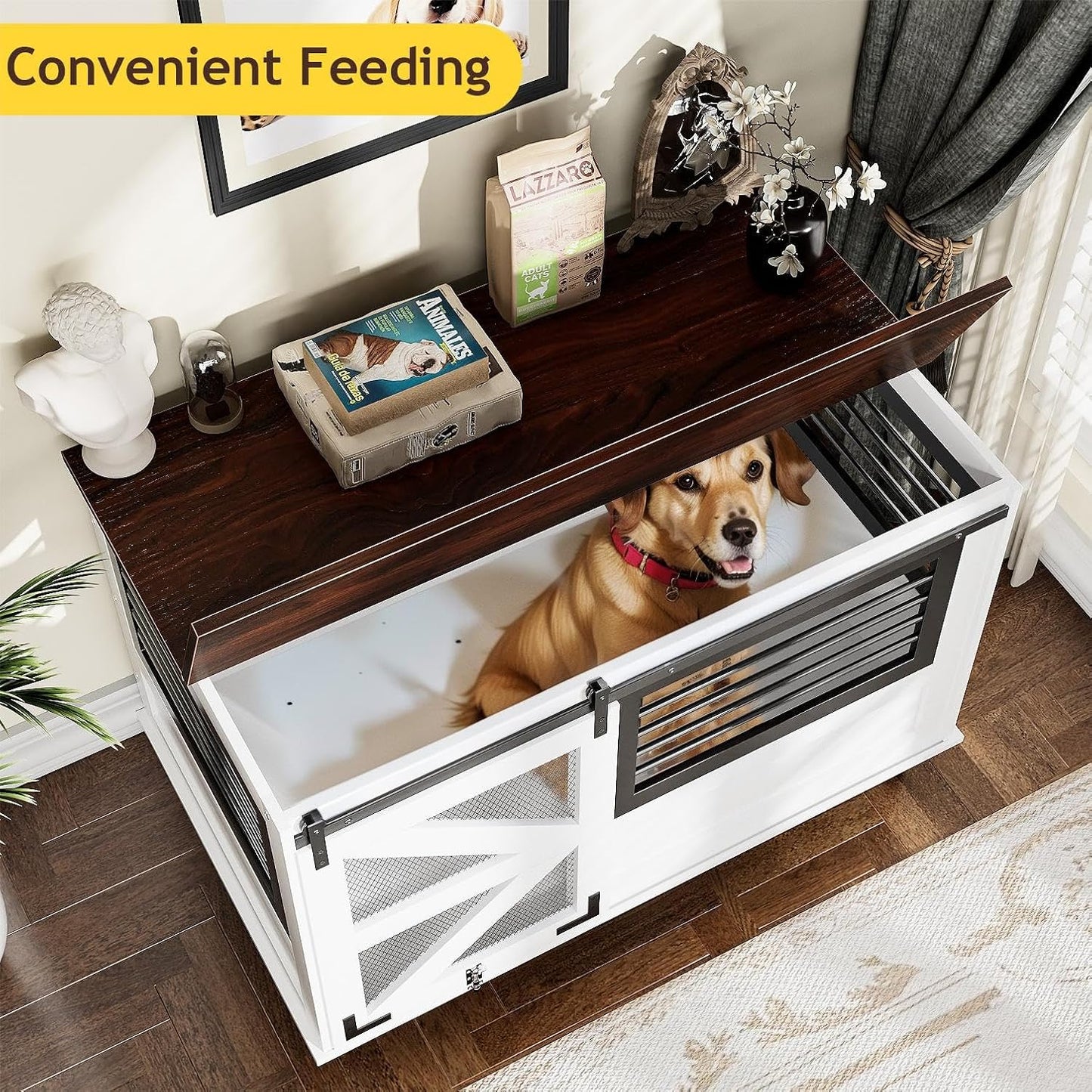 47 inch XL Dog Crate Furniture with Top-Access Teasing/Feeding Doors, Farmhouse Wooden Decorative Dog Crates with Wheels, Chew-Resistant Dog Crates End Table for Medium&Large Dogs, White