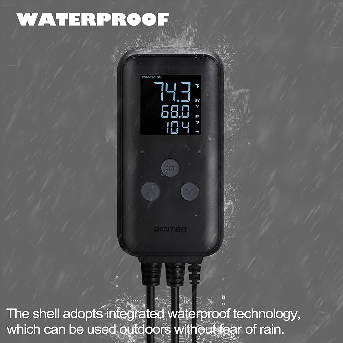 DIGITEN Waterproof Digital Temperature Controller for Aquarium, Greenhouse & Outdoor Heating - 10A Heat Mat Thermostat Controller