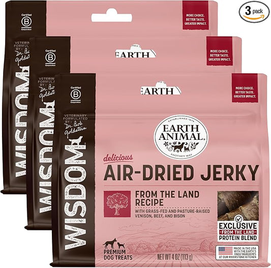 Earth Animal Wisdom Air Dried Jerky - from the Land Recipe Premium Natural Red Meat Jerky Strips Dog Treats - 3 Pack 4 oz Bag