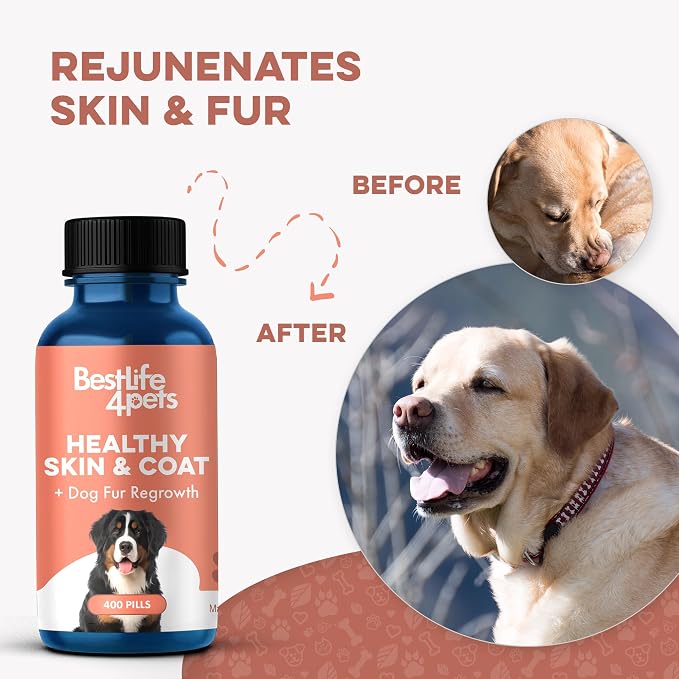 Natural Dog Skin and Coat Supplement – Gentle Itch Relief with Dry Skin, Rash, or Allergy Symptoms – Dog Shedding Supplement for Promoting Hair Regrowth – 400 Tiny Odorless Pills