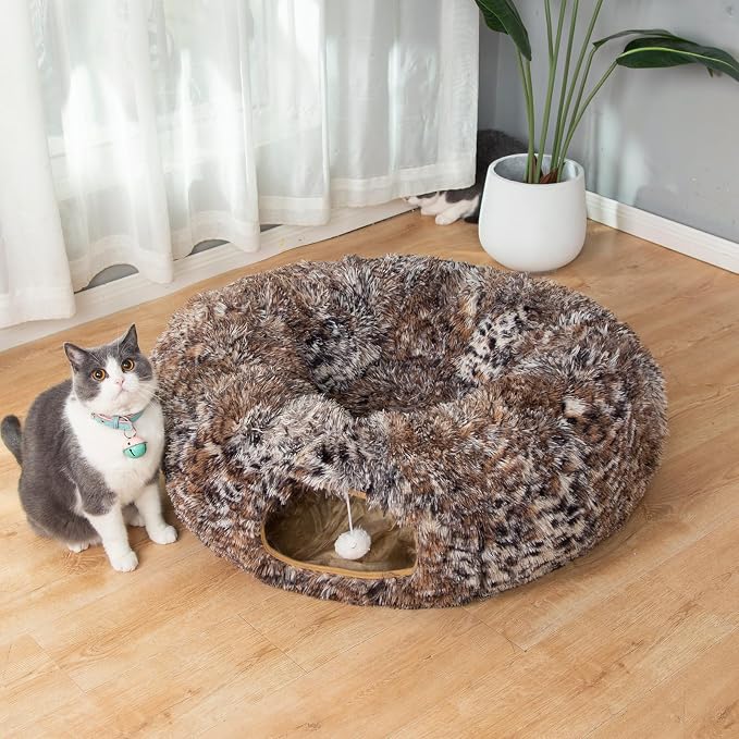 Warm Fluffy Plush Cat Tunnel Bed with Washable Cushion- Big Tube Playground Toys 3 FT Diameter Collapsible, for Indoor Cat Kitty Kitten Puppy Rabbit Ferret Leopard Print