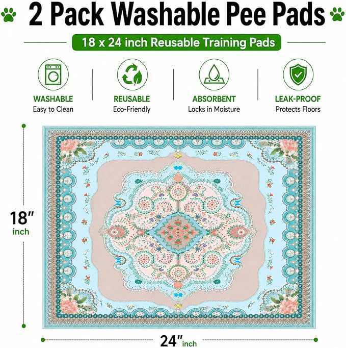 Washable Pee Pads for Dogs, 18"x24" 2 Pack Reusable Puppy Pads Pet Training Pads, Super Absorbent, 100% Waterproof Dog Pee Pads, Whelping, Housebreaking, Incontinence, for Playpen