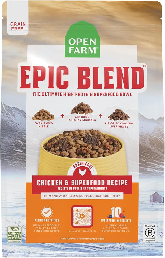Open Farm, Epic Blend Grain Free High Protein Dry Dog Food, Probiotic Coated & Bone Broth Infused Kibble with Air Dried Meat & Organs, Chicken & Superfood Recipe, 3.5lb Bag