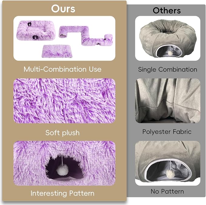 Extra Large Cat Tunnel Bed, 4 Ways Tunnels for Indoor Cats, Multi-cat Family Pet Bed & Cave, Plush Cat Donut with Washable Middle Mat, Exit Balls, Pet Play Toy for Kitten Puppy Rabbit, Purple