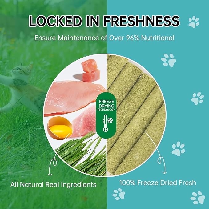 Cat Grass Teething Stick Treats - Natural Freeze Dried Pet Snack for Cat Chew Teeth Cleaning & Hairball Removal (75g