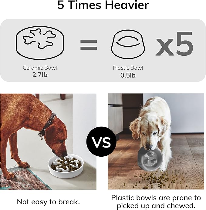 Slow Feeder,Ceramic-Slow Feeder Dog Bowls Elevated for Medium Breed,2.5 Cups Slow Feed Dog Bowl with Stand,Matte White